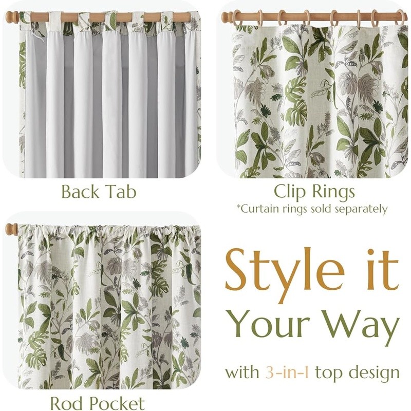 Leaf Pattern Blackout Curtains Linen Blend Room Darkening Drapes Easy Care New gallery
