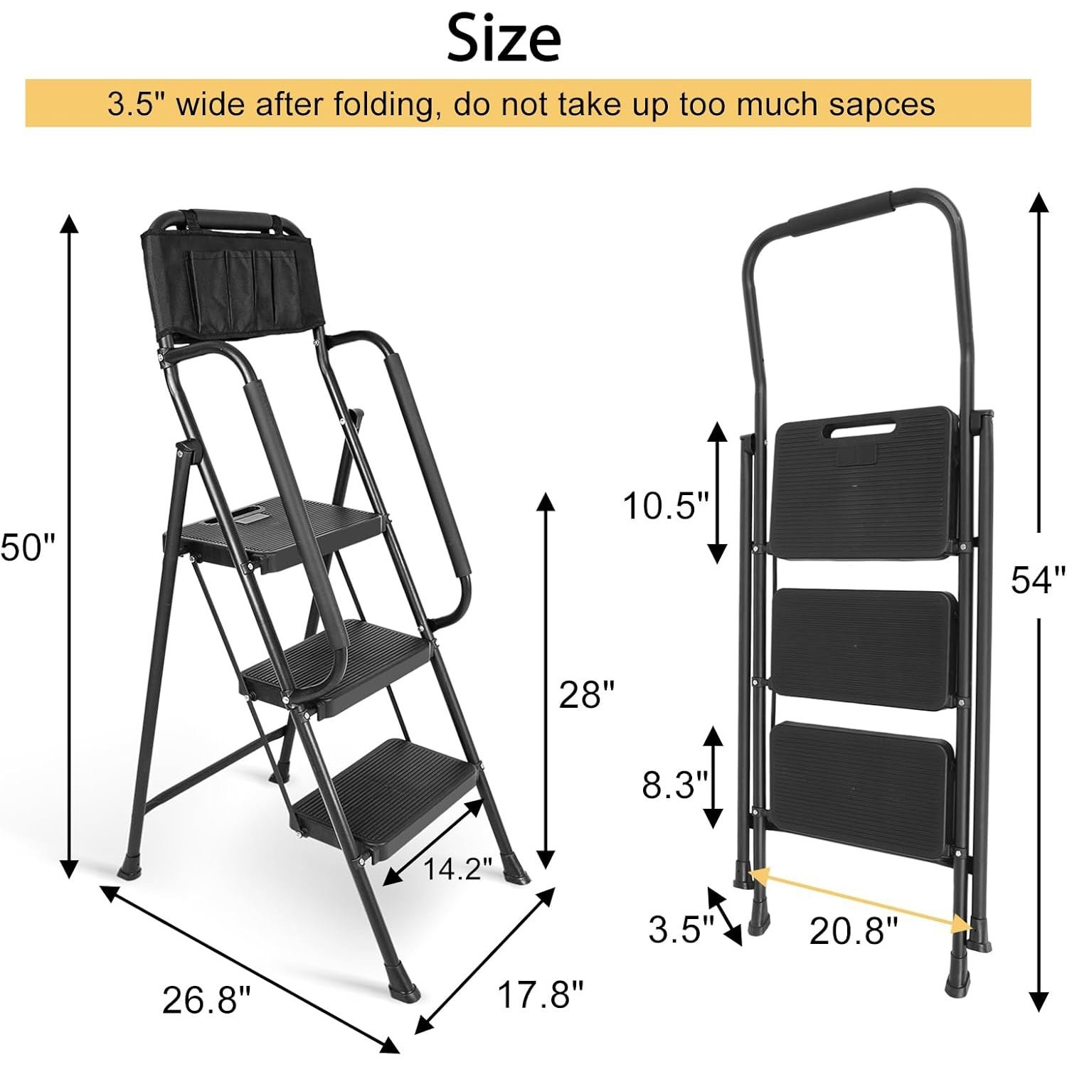 3 Step stool Ladder with Handrails 500 lbs folding Attachable Tool Black gallery