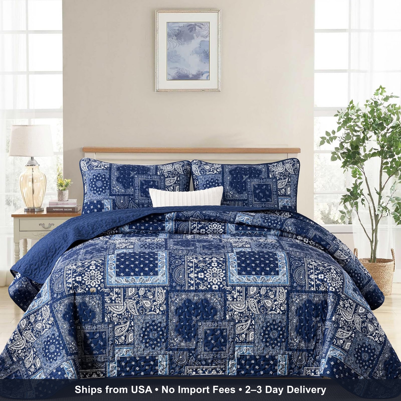 Blue Patchwork Quilt Set Queen Size,Boho Navy Blue Quilt Set,Paisley Farmhouse B gallery