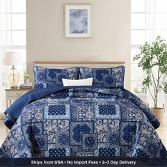 Blue Patchwork Quilt Set Queen Size,Boho Navy Blue Quilt Set,Paisley Farmhouse B