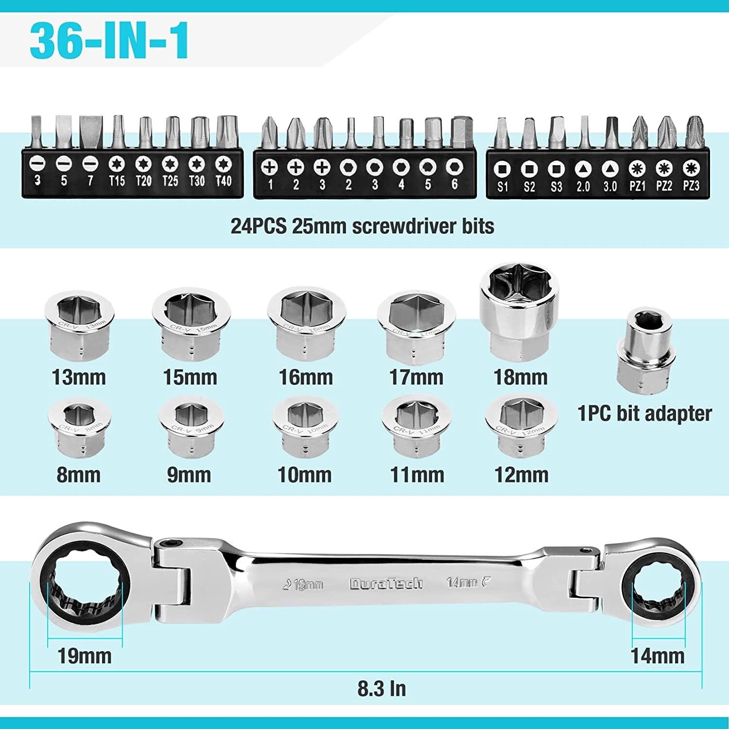 DURATECH 12-in-1 Flex-Head Ratcheting Wrench Set &24-in-1 Screwdriver Set 8-19mm gallery