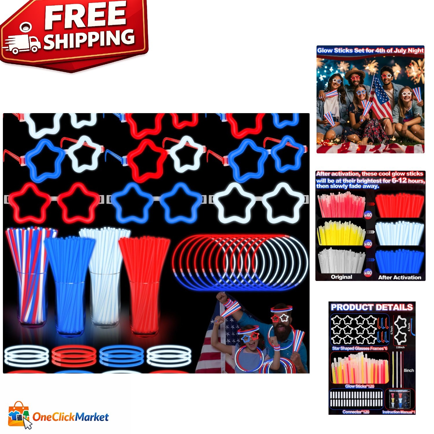 Fun & Safe 126 PCS Glow Stick Accessories for All Ages - 4th of July Ready gallery