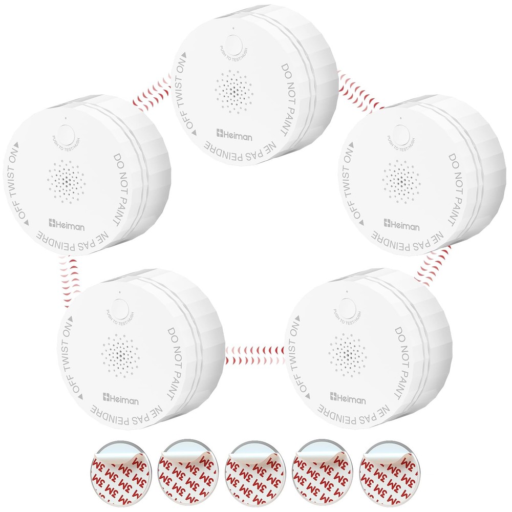Smoke Detector Wireless Interconnected Battery Operated 5 Pack Heiman UL 10th