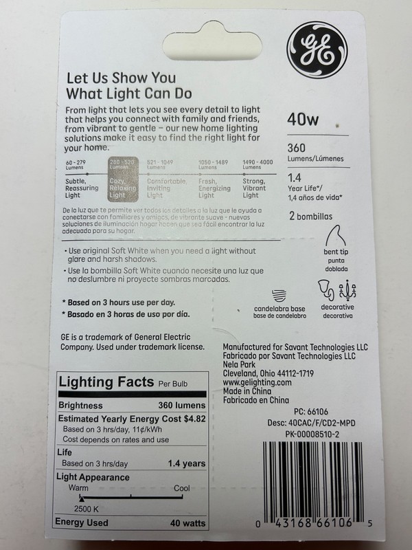 GE Lighting 40w Soft White Flame Tip Candelabra Decorative 8 Pack 16 Light Bulbs gallery