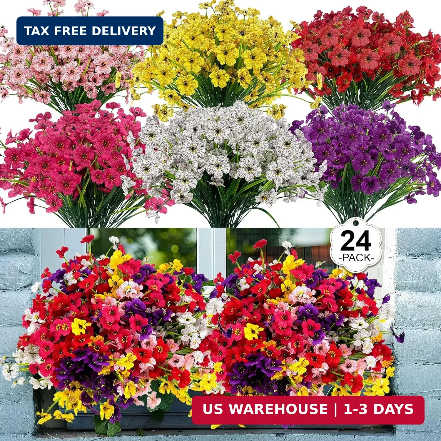 24 Pcs (6 Color) UV Resistant Outdoor Artificial Faux Flowers Plants Realistic P gallery