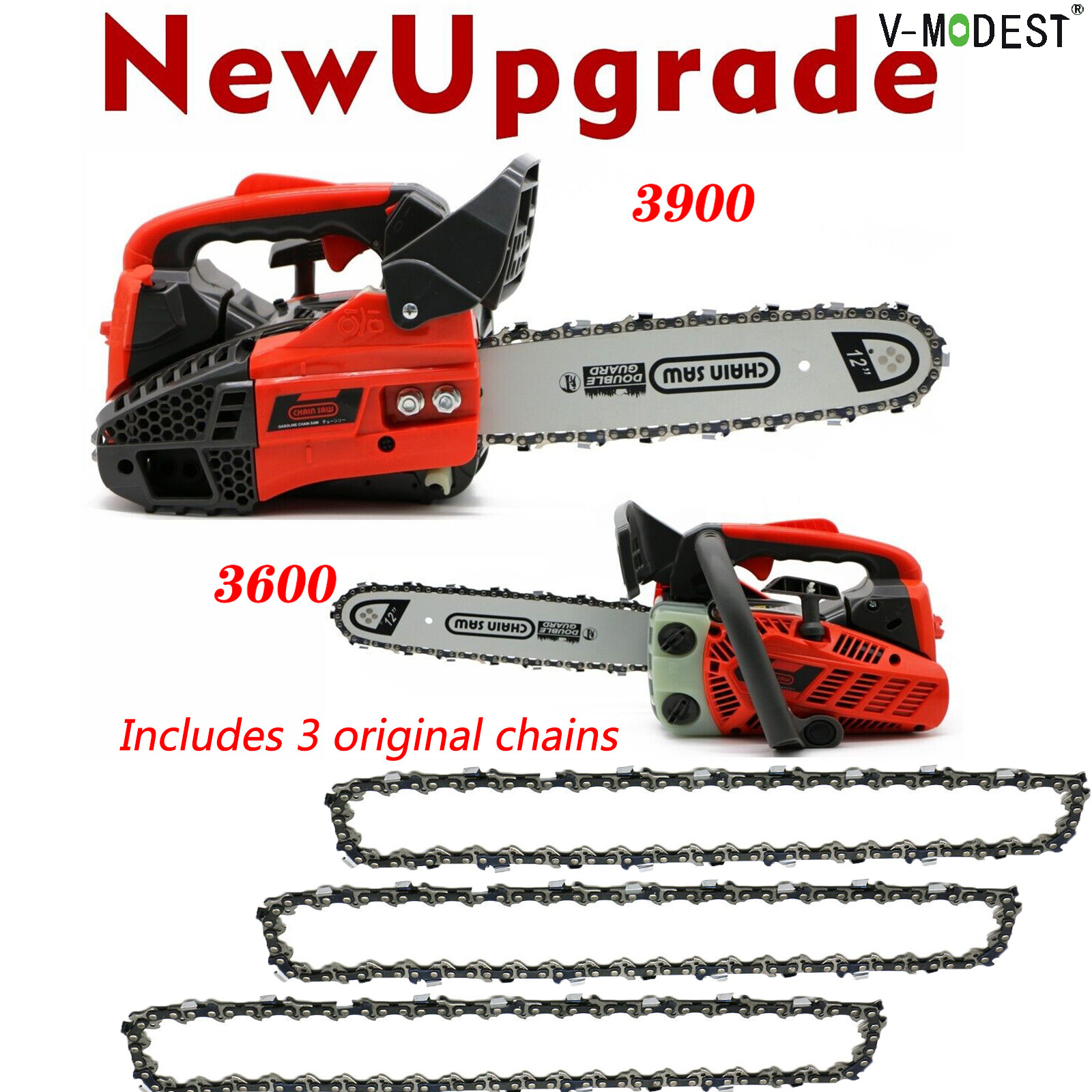 Gas Chainsaw 12'' Bar Top Handle Gasoline Powered 1000W 25.4CC 2-Stroke &3 Chain gallery
