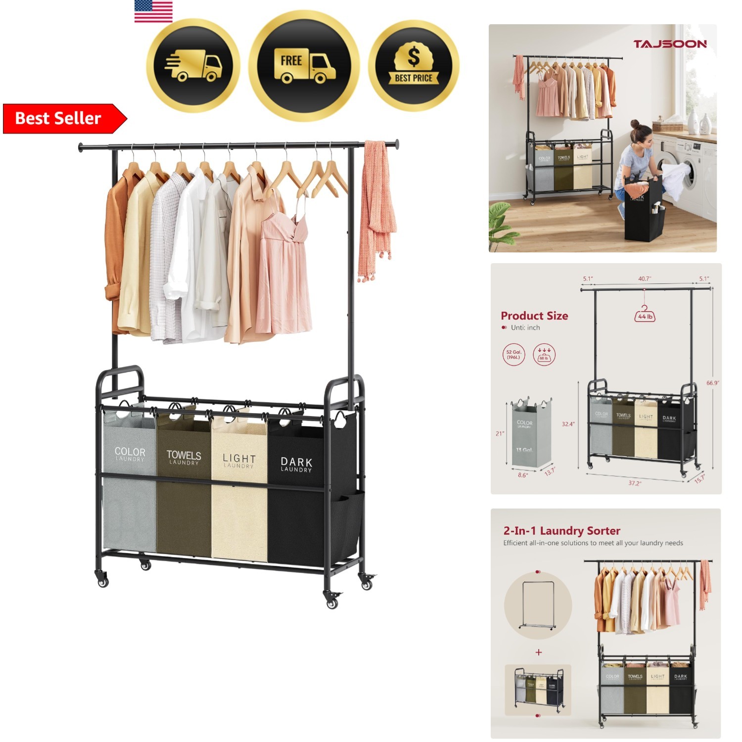 Laundry Sorter Cart with Hanging Clothes Rack 4 Basket Organizer Heavy Duty W... gallery