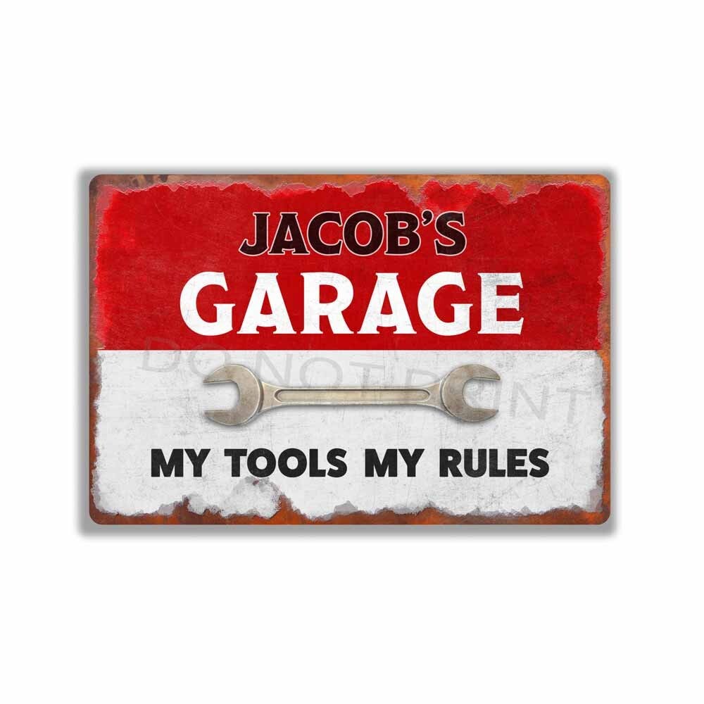 Personalized Jacobs Garage Sign Rustic Red OVER White METAL SIGN or DECAL gallery