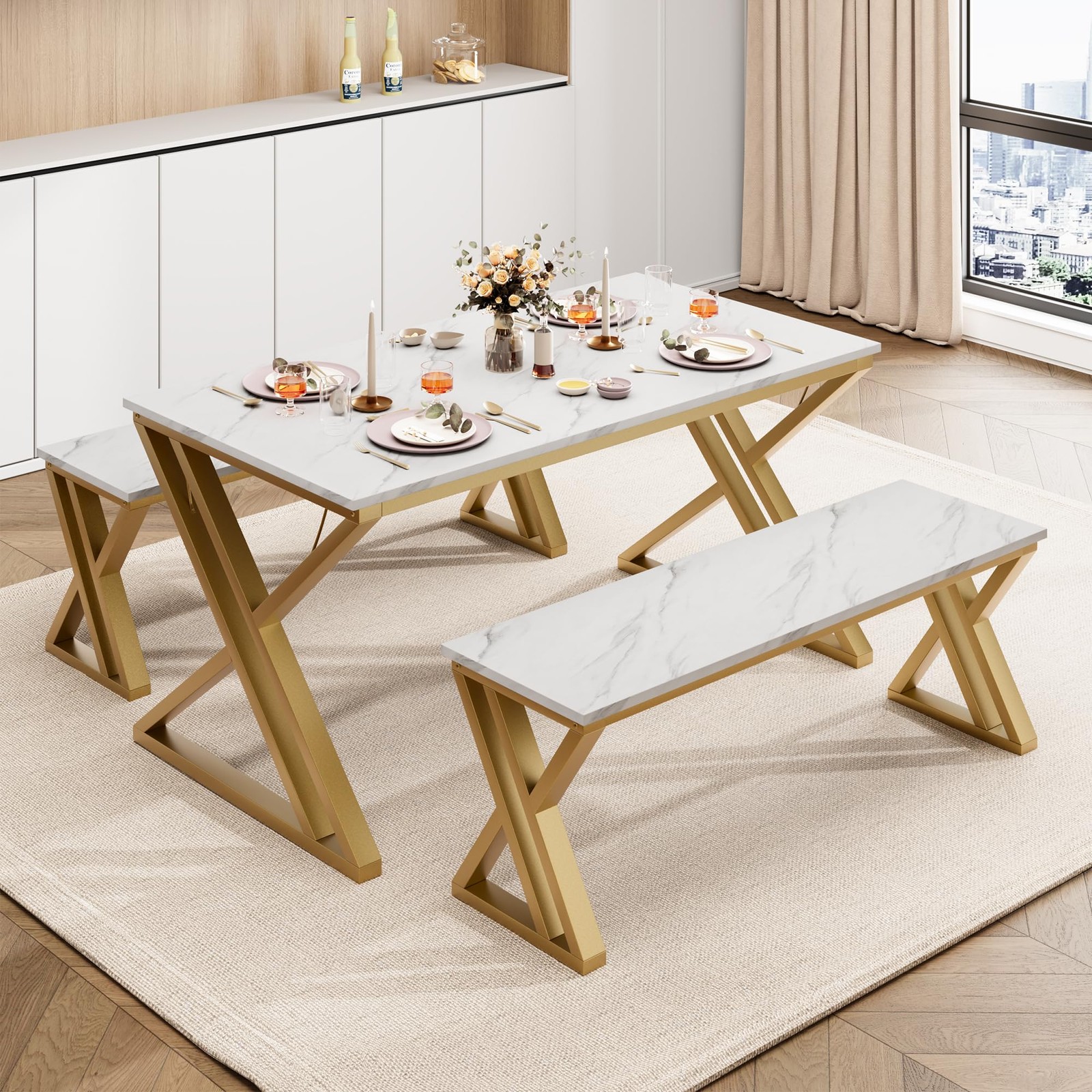 Dining Table Bench Set for 4, Kitchen Table Set With 2 Benches, Rectangular D... gallery