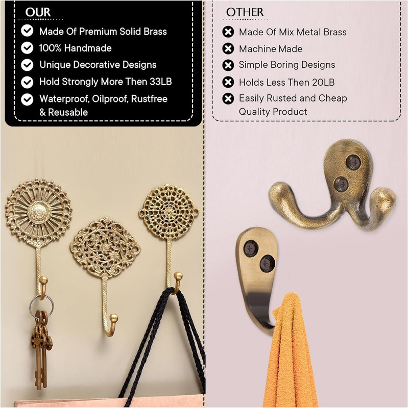 Solid Brass Boho Decorative Wall Hooks - Holds Up to 33 lbs - Vintage Gold Wall gallery