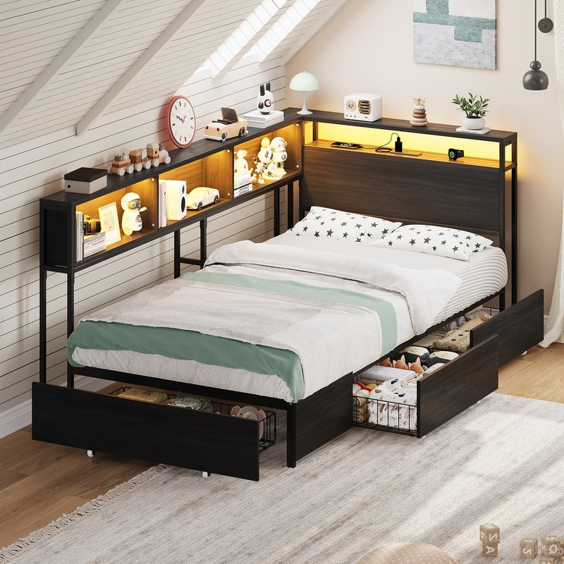 Twin Corner Bed Frame with LED Headboard, Charging Station, Storage Drawers, Bla gallery