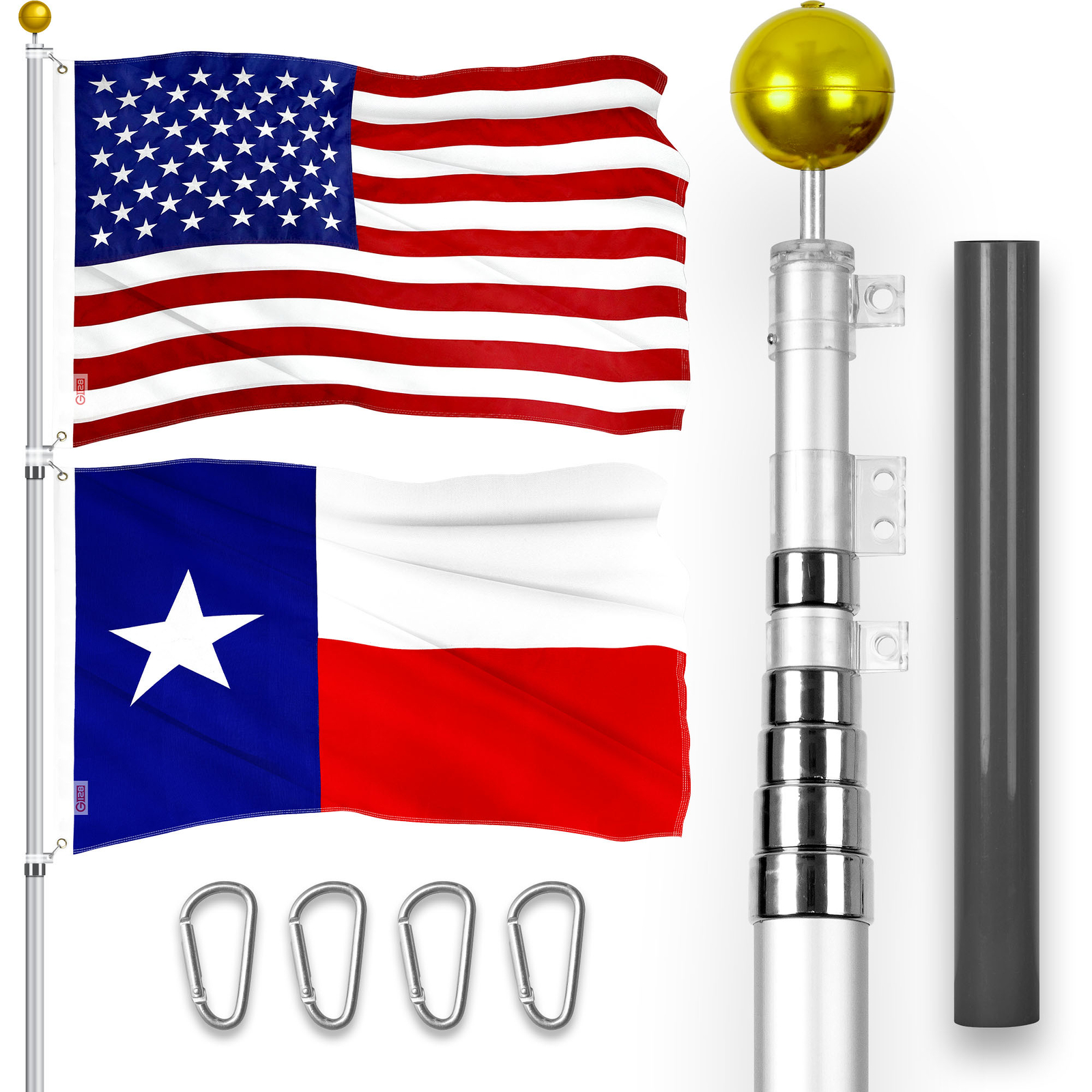 25 Ft Telescoping Flagpole Silver & American and Texas Flags Emb 300D 3x5Ft gallery