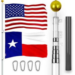 25 Ft Telescoping Flagpole Silver & American and Texas Flags Emb 300D 3x5Ft