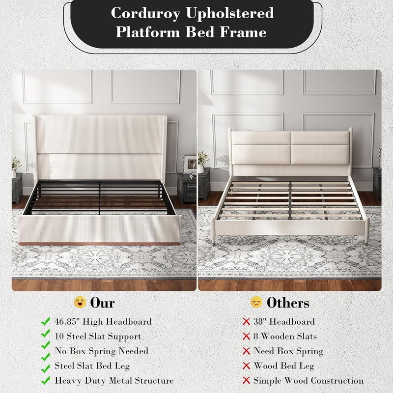 Wingback King Size Bed Frame Platform Bed with Corduroy Upholstered Headboard gallery