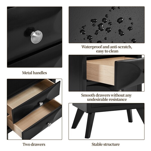 2pcs Almost Fully-assembled 2-Drawer Nightstand w/ Solid Wood Legs for Bedroom gallery