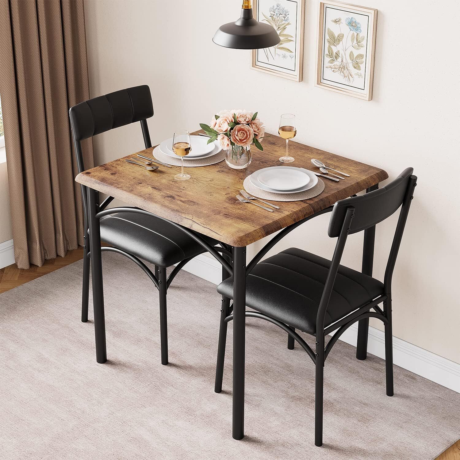 3PCS Dining Set Table and 2 Upholstered Chairs Wood Top for Small Space Kitchen gallery