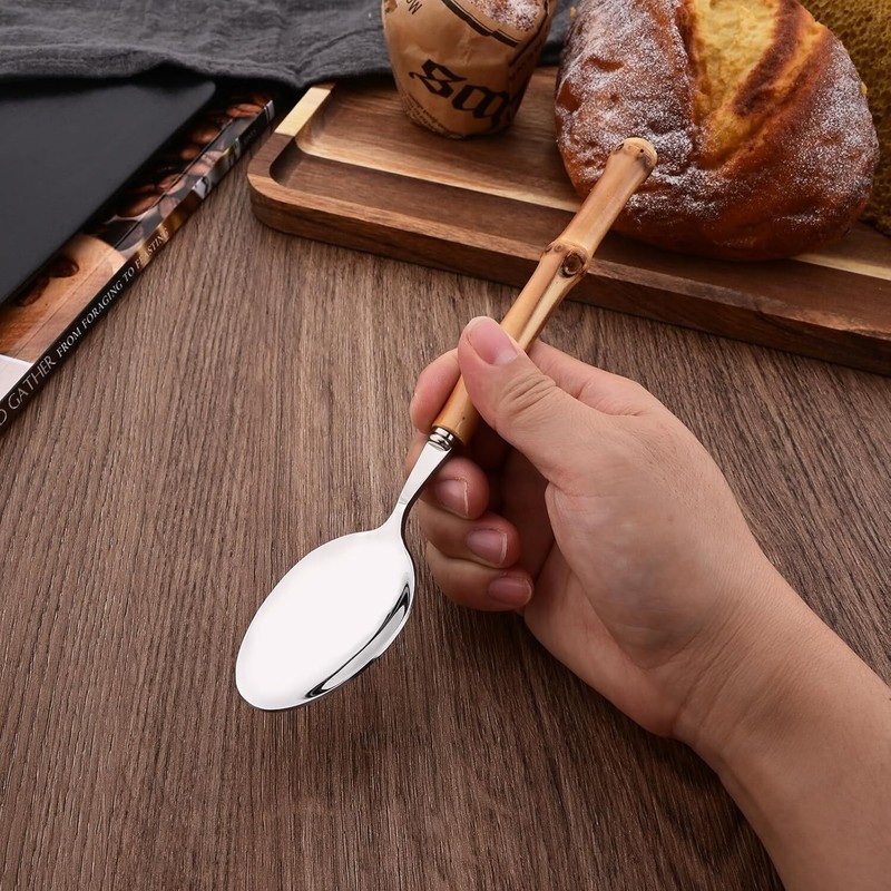 Bamboo Handle Silverware Set 30 Pcs Set for 6 Stainless Steel Flatware Set gallery
