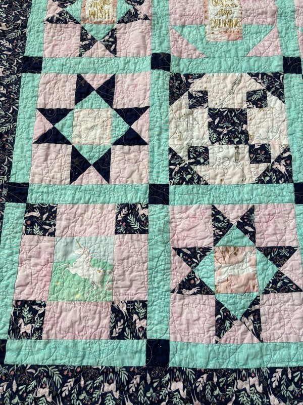 Handmade Patchwork Quilt 50x61” Girls Pink Teal Navy Unicorn Mermaid Narwhal gallery