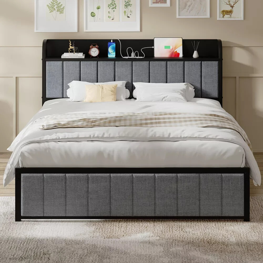 Bed Frame with Storage Headboard Power Outlet Twin Full Queen Size Metal Bed gallery