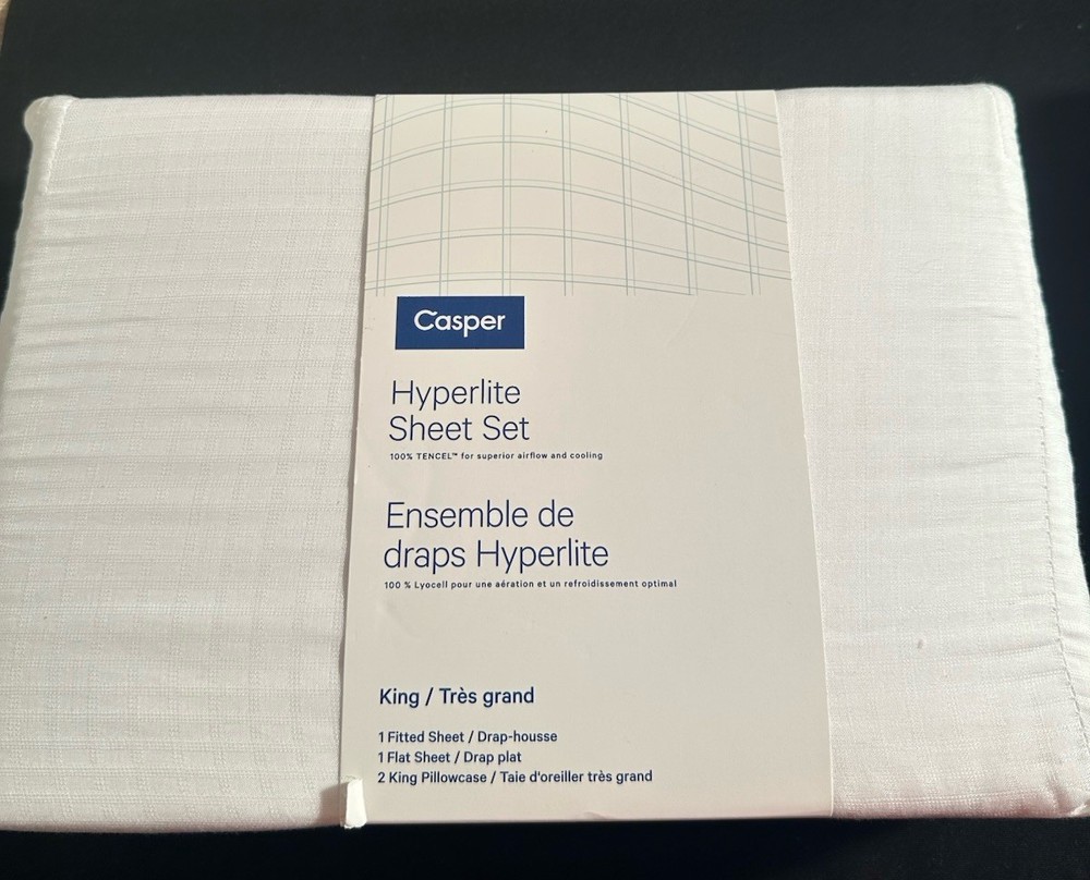Casper Hyperlite King Sheet Set 100% Lyocell White 200 Thread Count Grid