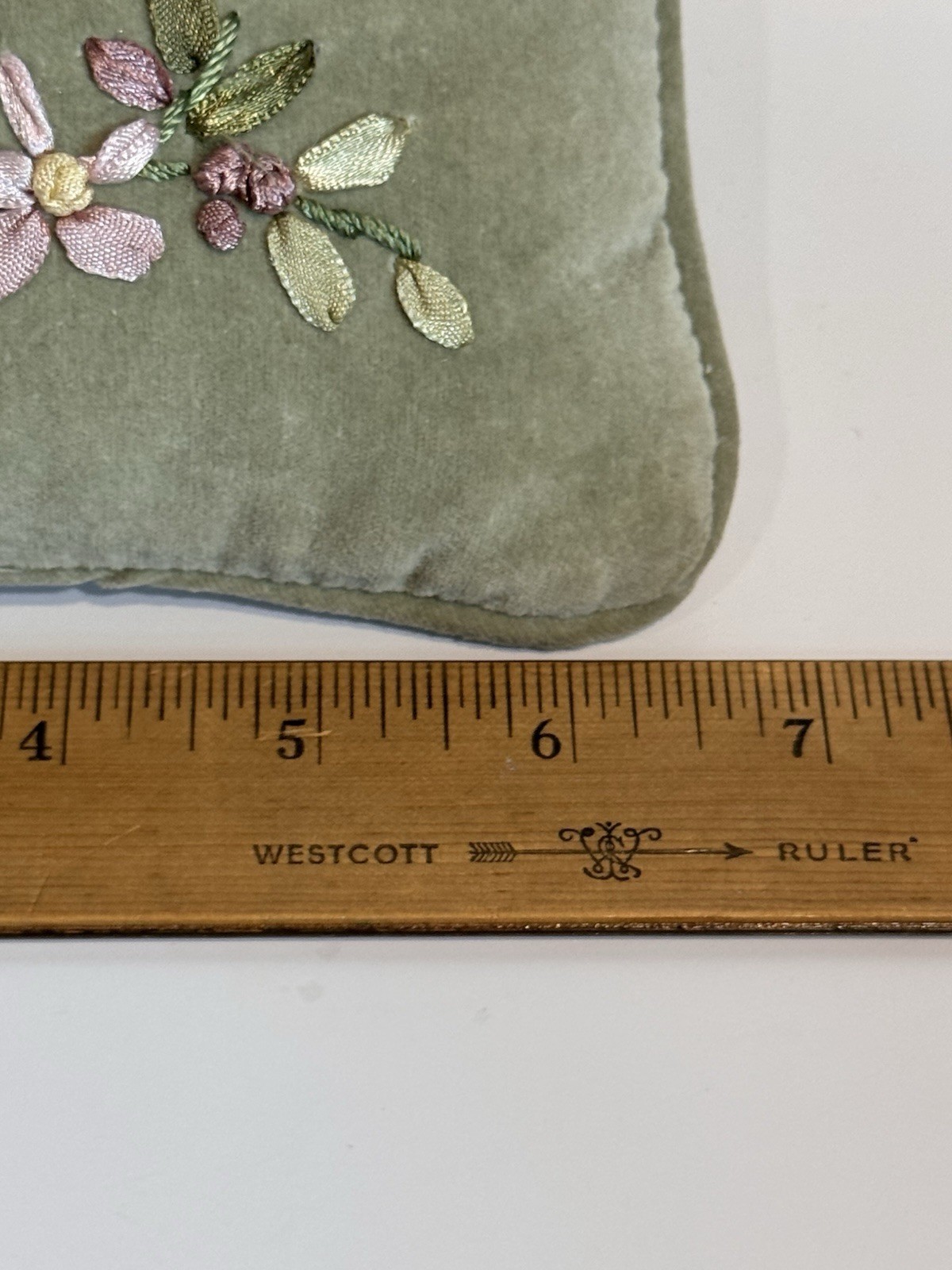 Charming Small Green Velvet Ribbon Embroidered Pillow Cottage Core Doll or Dog gallery