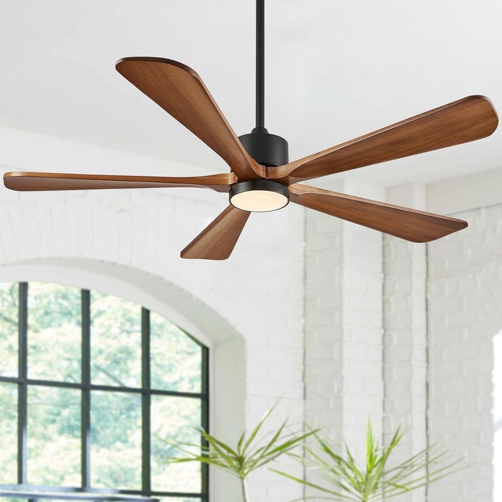 Ceiling Fan 60" with Lights and Remote Control – 5 Solid Wood Blades Walnut