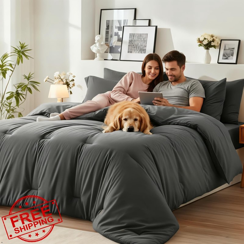 Easthome Queen Comforter Set 7 Piece Dark Gray, Bed in a Bag Bedding Set gallery