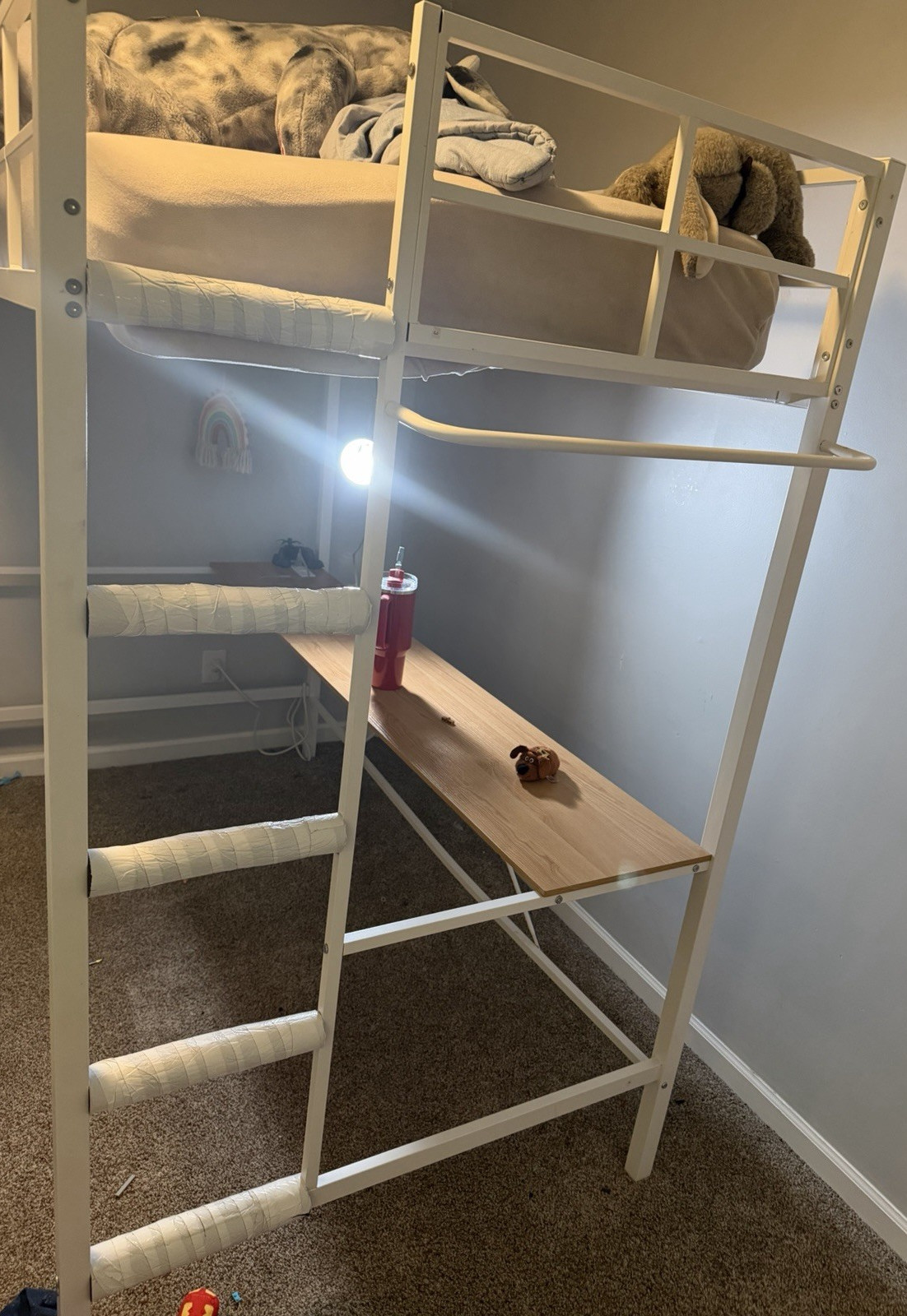 White Metal Twin Loft Bed Frame, Painted Finish, Solid, Built-In Ladder gallery
