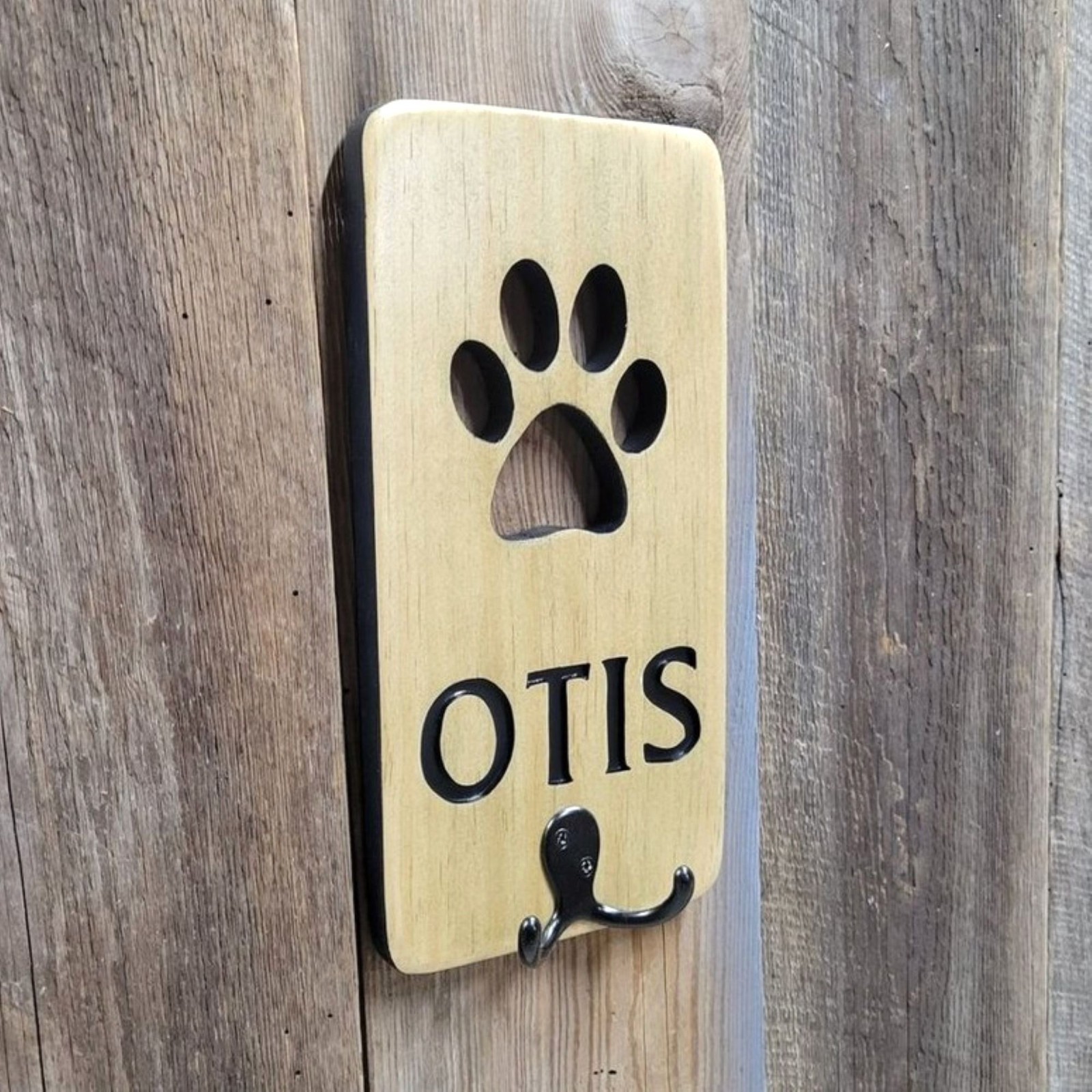 Personalized Dog Leash Holder Custom Name Paw Print Hand Carved Wooden Sign gallery