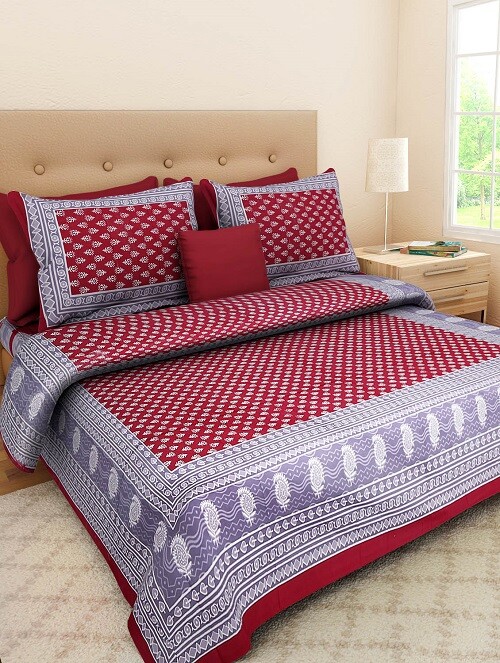 3 Kaam Buti Print Cotton Bedsheet Red Queen Size Bedroom Set Bedding FlatSheet gallery