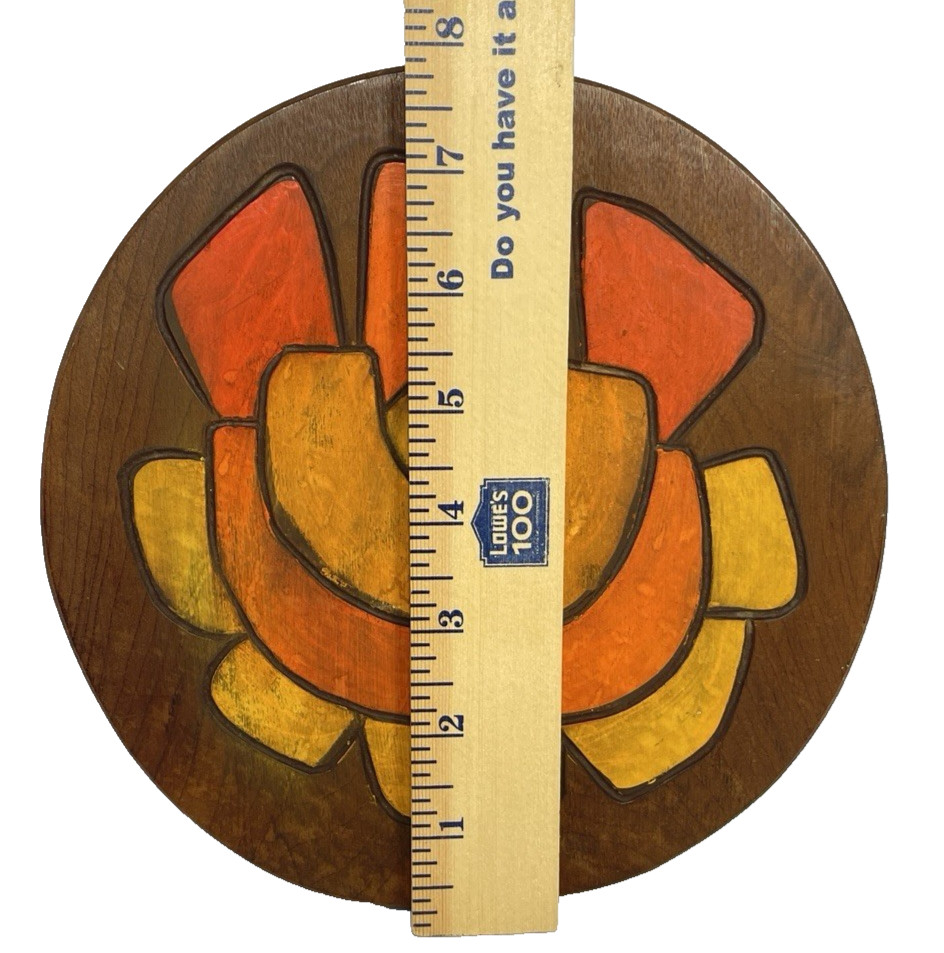 MCM Round Wood Decorative Orange Yellow Abstract Flower Painted Wall Art gallery