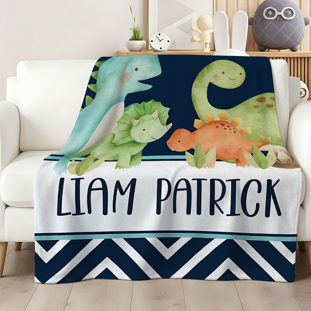 Custom Geometric Striped Dinosaur Plush Blanket, Suitable for Outdoor Picnics,