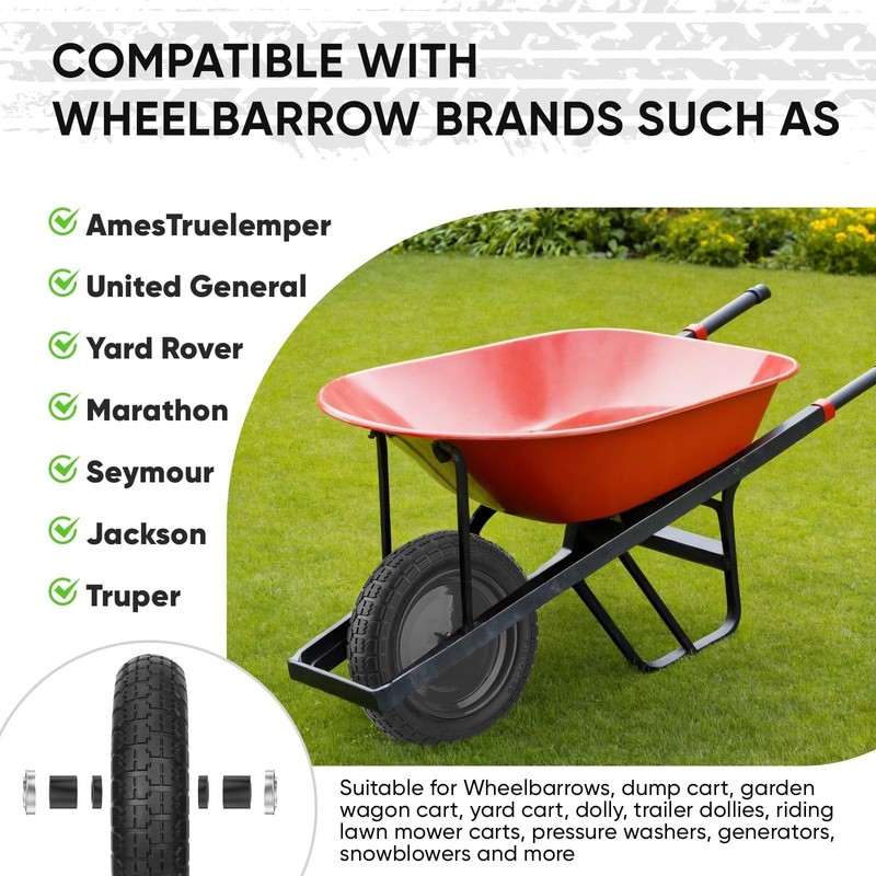 Flat Free Wheelbarrow Tire Solid Polyurethane 14.5 Inch Centered Hub 5/8 3/4 Inc gallery