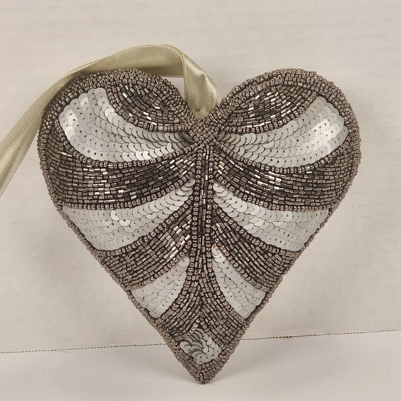 Silver Matte Sequin & Beaded Puffy Heart Hanging Valentine's Day Door Pillow 6" gallery