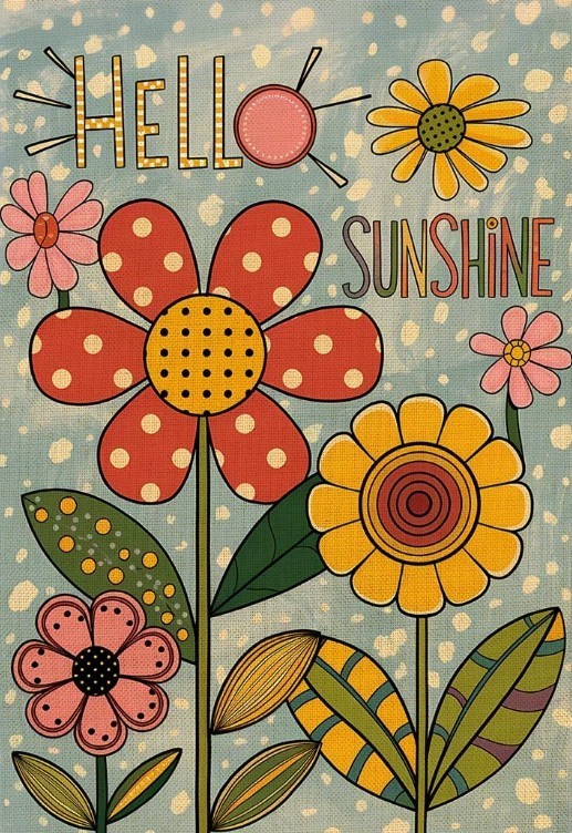 Whimsy Floral Polka Dot Hello Sunshine Burlap Garden Flag Double Sided 12"x 18" gallery