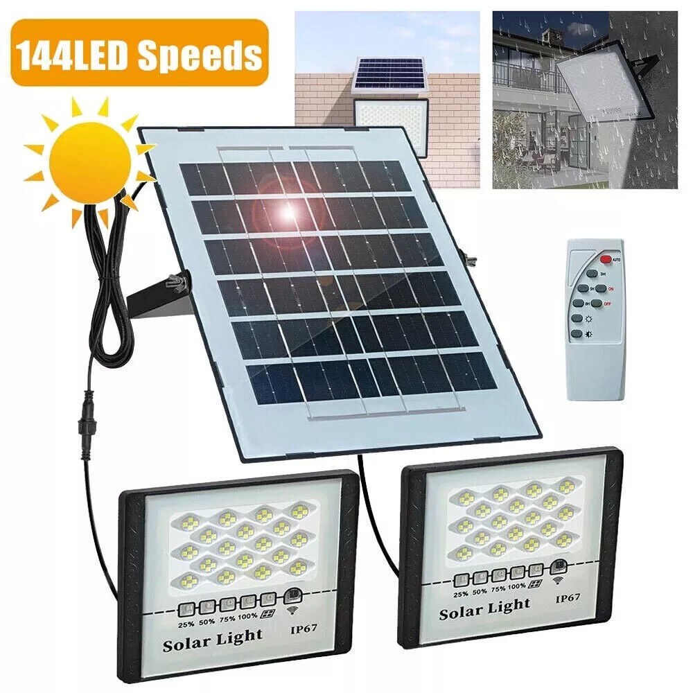 Solar Powered LED Double Floodlights Garage Shed Light Garden Indoor Outdoor US gallery