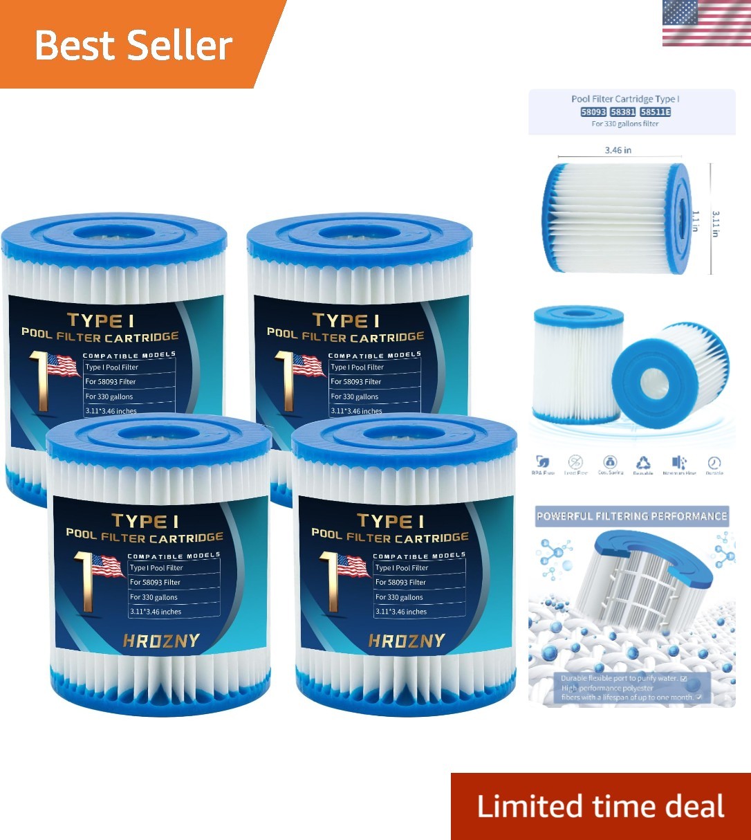 4-Pack Type I Pool Filter Cartridges - Heavy Duty Dacron for Crystal Clear Water gallery
