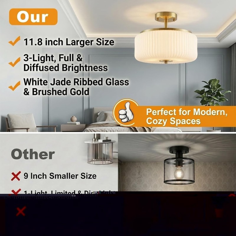 3-Light Gold Semi Flush Mount Ceiling Light 11.8" Fixture Ribbed Glass Shade gallery