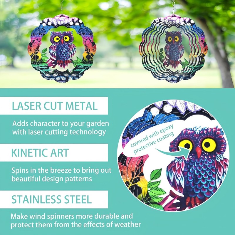 Vibrant 3D Owl Wind Spinner - Durable Outdoor Garden Sculpture for All Season gallery