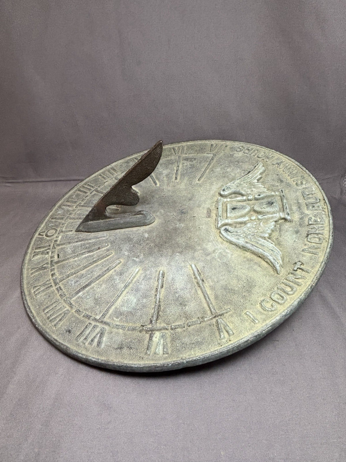 VTG BRASS 9” Sundial I Count None But Sunny Hours Winged Hourglass Garden Patina gallery