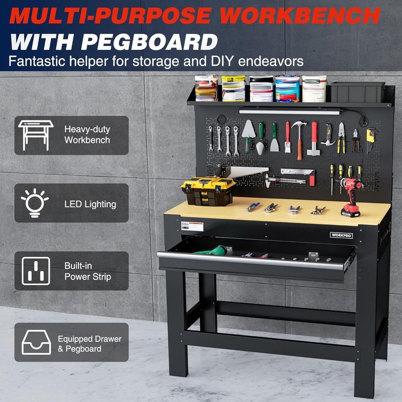 WORKPRO 45" Garage Workbench w/Storage Heavy-Duty Workbench with Pegboard 800LBS gallery