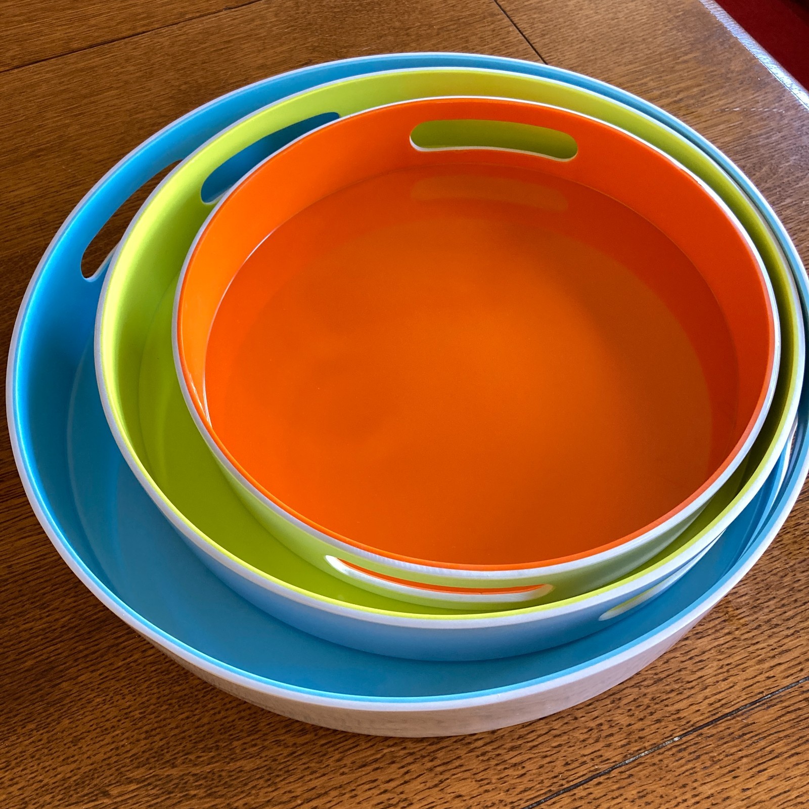 Serving Trays Set of 3 Large Nesting Style Orange Green Blue Built in Handles gallery