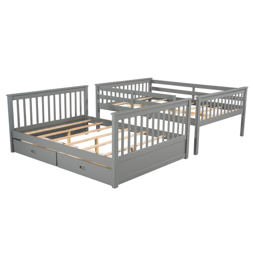 Full Over Full Bunk Bed W/ Storage Drawers Wood Platform Beds Bedroom Furniture gallery