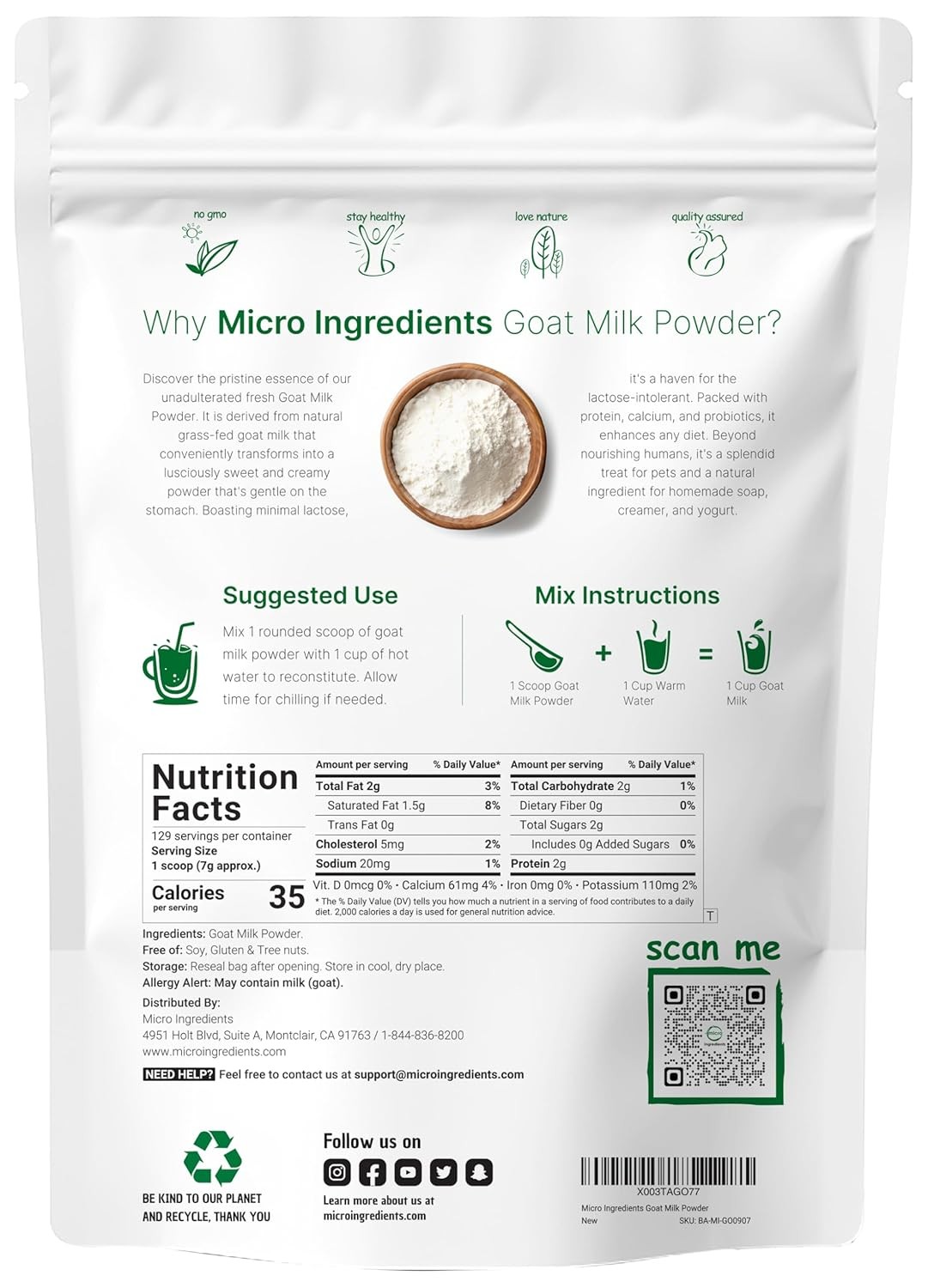 Micro Ingredients Goat Milk Powder, 2 Lb | Grass-Fed 32 Ounce (Pack of 1) gallery