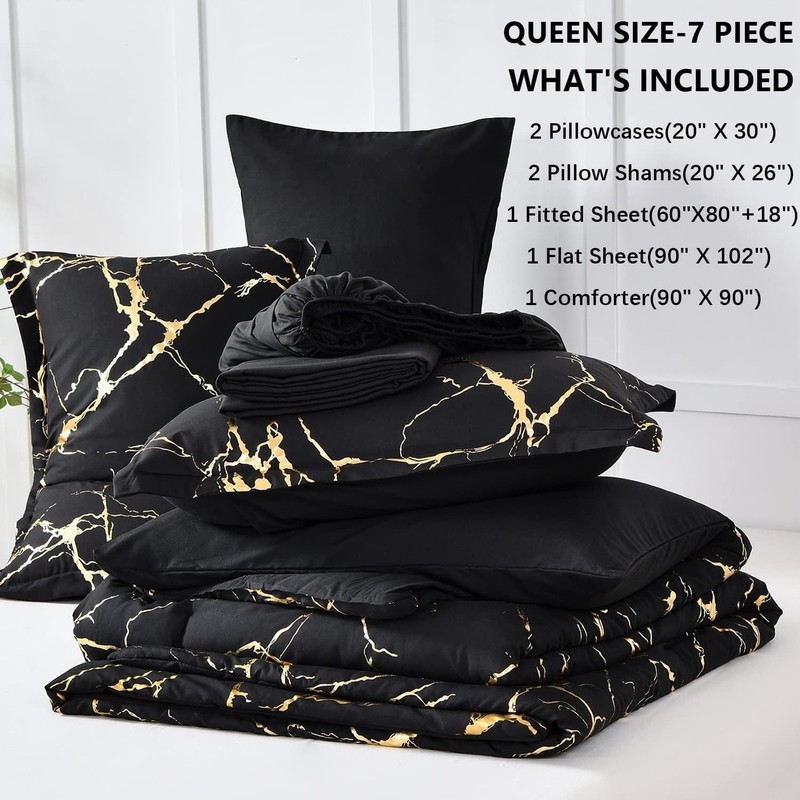 Gold Metallic Marble Comforter Set Queen Size,7 Piece Bed in a Bag,Foil Print... gallery