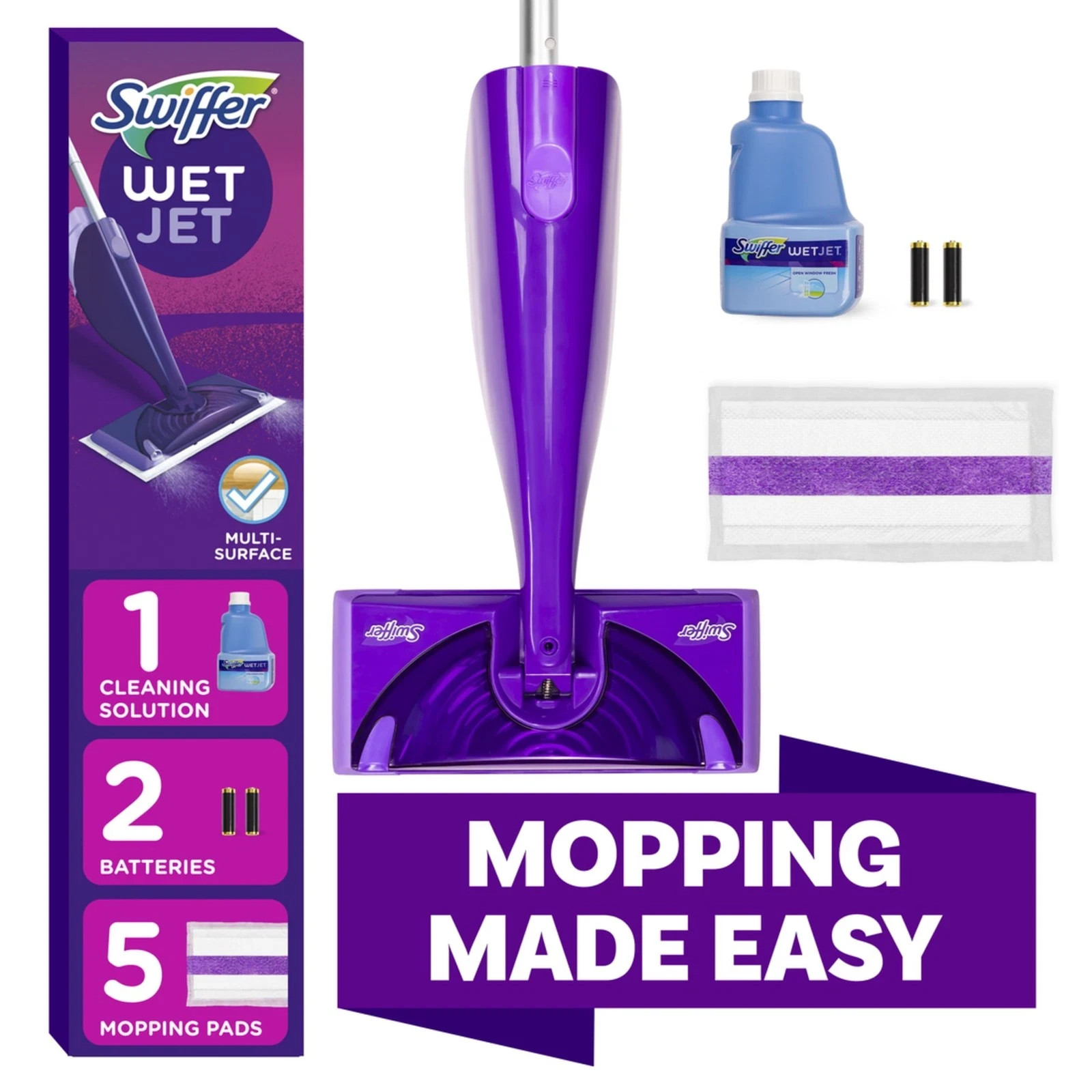 Swiffer Wet Jet with Refill, Unscented, 1 Handle + 1 Solution & 5 Pads + Battery gallery