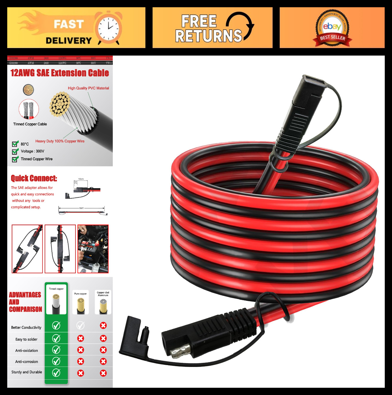 50FT 12AWG SAE Extension Cable - Heavy Duty Adapter for Solar, RV, Trailer, Batt gallery