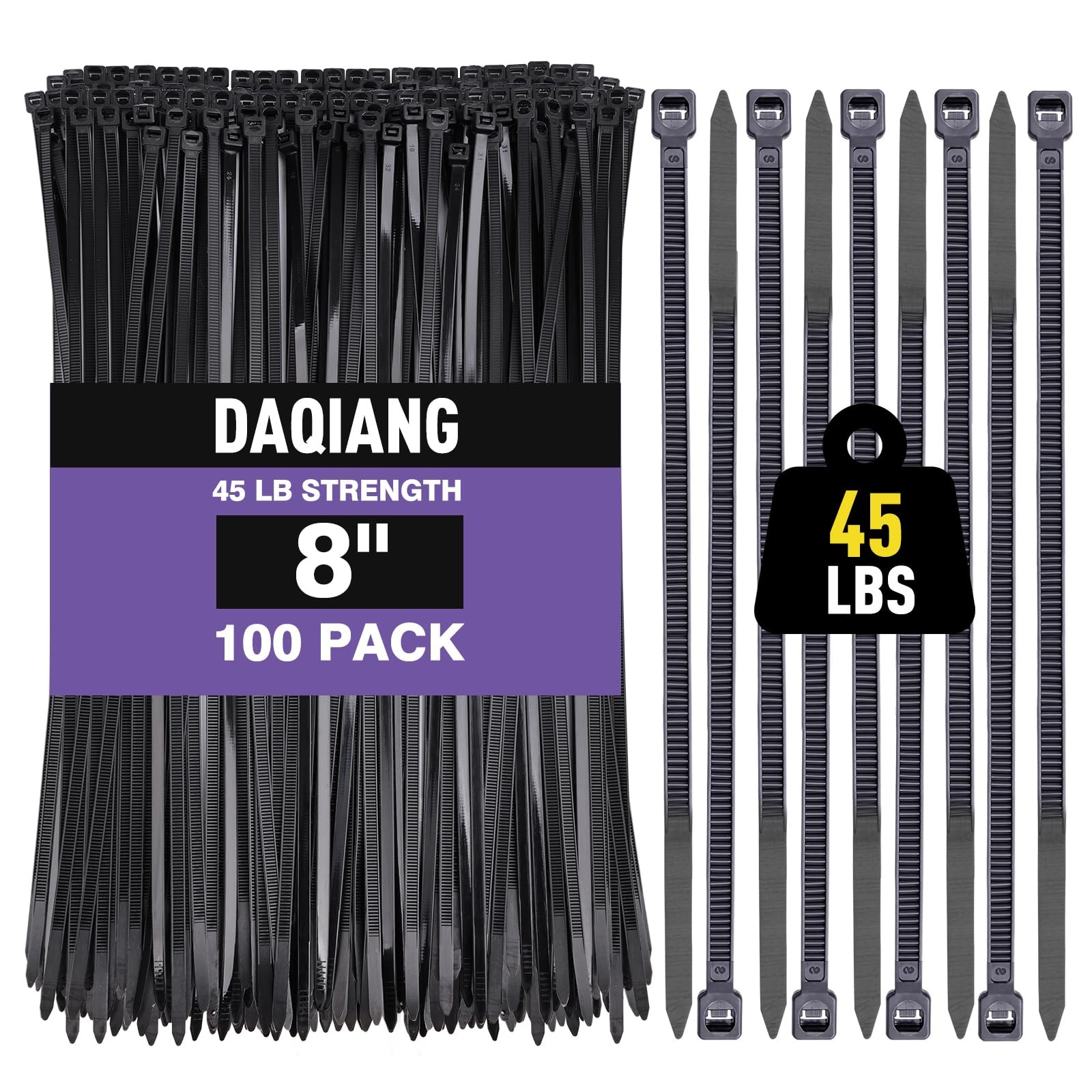 Black 8 Inch Zip Ties (100 Pack), 45LBS 8 inch 100 Pack （45 Lbs ）, gallery