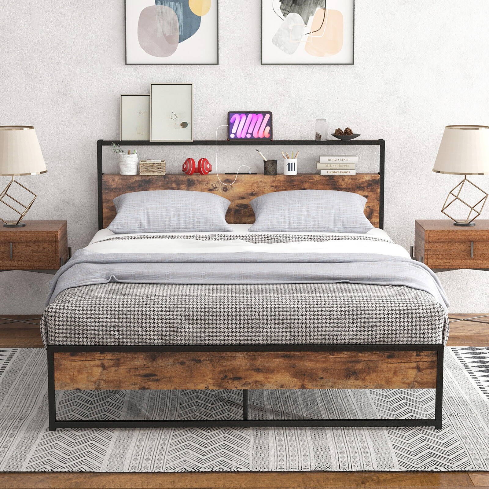 Queen Size Industrial Platform Bed Frame with Charging Station Storage Headboard gallery