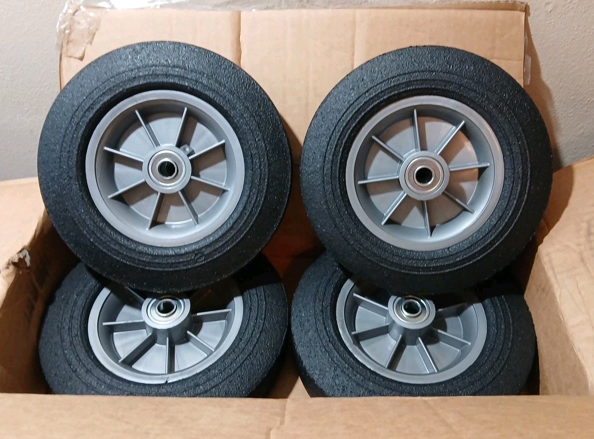 4-Pack 10''x2'' Flat Free Solid Rubber Replacement Tires with 5/8” Axles NEW gallery